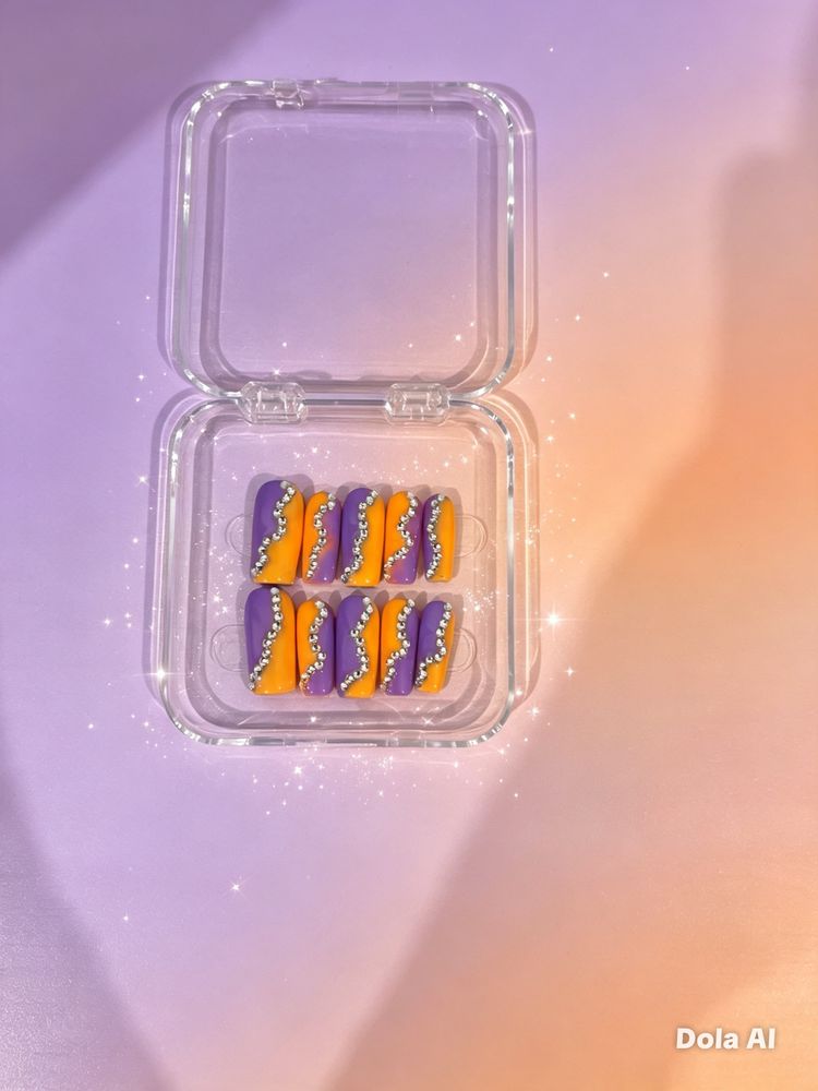 Purple And Orange False Nails With White Dots image 1