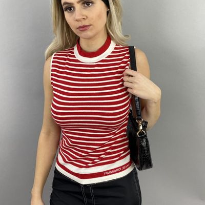 Vintage trussardi jeans mock neck red and white striped vest 1