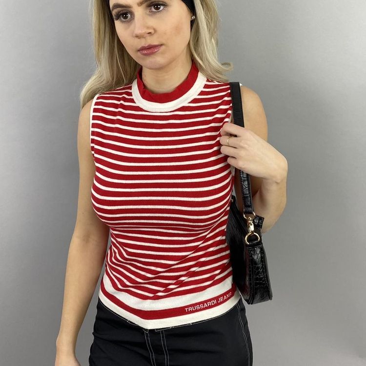 Vintage trussardi jeans mock neck red and white striped vest