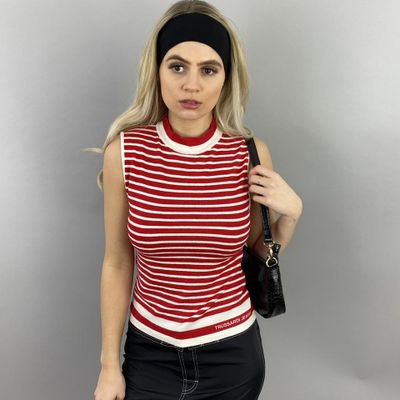 Vintage trussardi jeans mock neck red and white striped vest 2