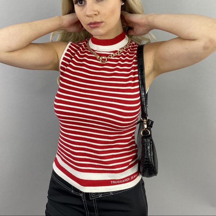 Vintage trussardi jeans mock neck red and white striped vest 3