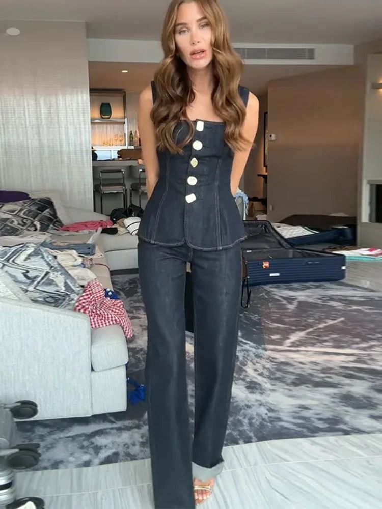 Dark Denim Sleeveless Top And Pants Set image 1
