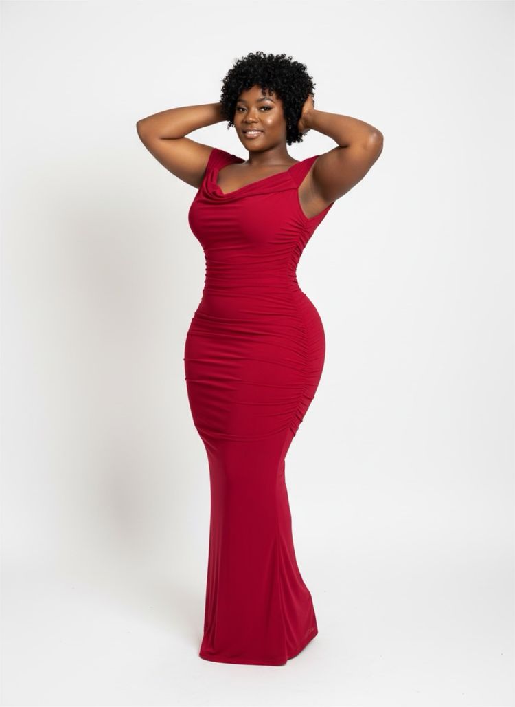 Red Ruched Sleeveless Evening Dress