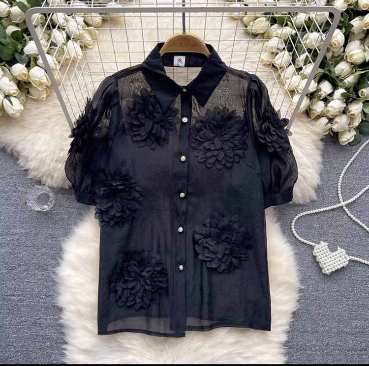 Black Sheer Blouse With Floral Appliques