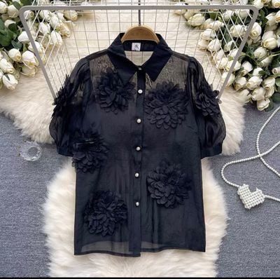 Black Sheer Blouse With Floral Appliques