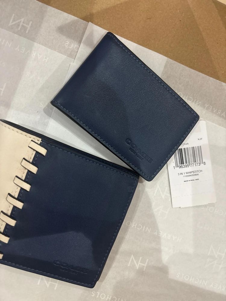 Coach 3 in 1 Leather Wallet with Whipstitch Deep Blue & Chalk Genuine with tag imagen 5
