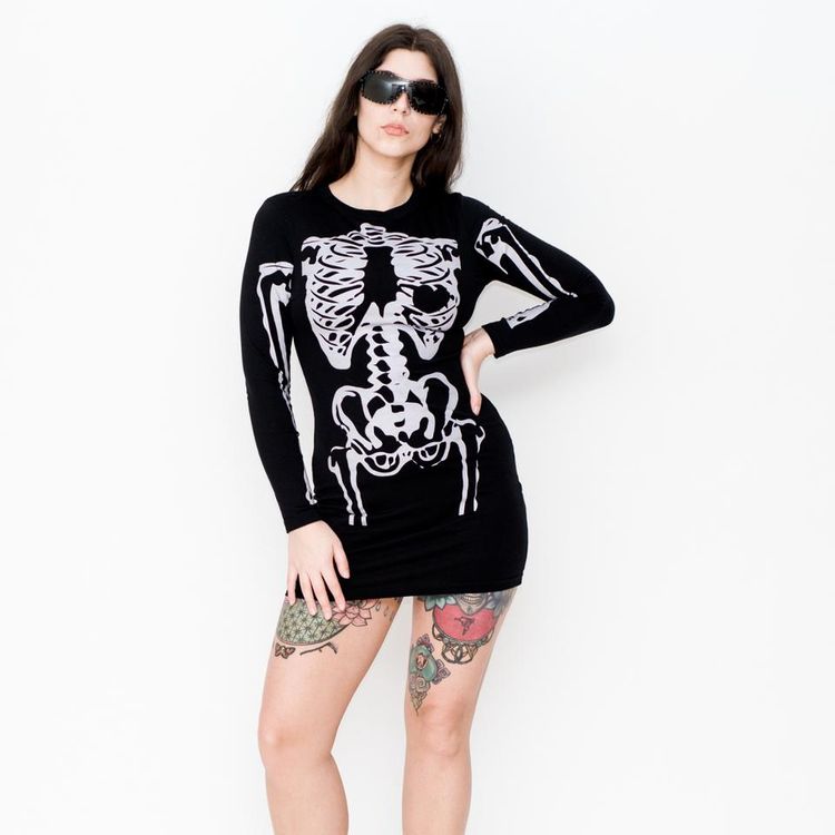 Missguided Vintage 90s MISSGUIDED stretchy rave skeleton print mini dress in black zdjęcie produktu