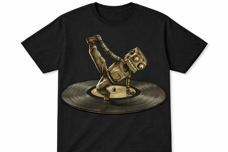 Black T-Shirt With Robot And Vinyl Record Graphic