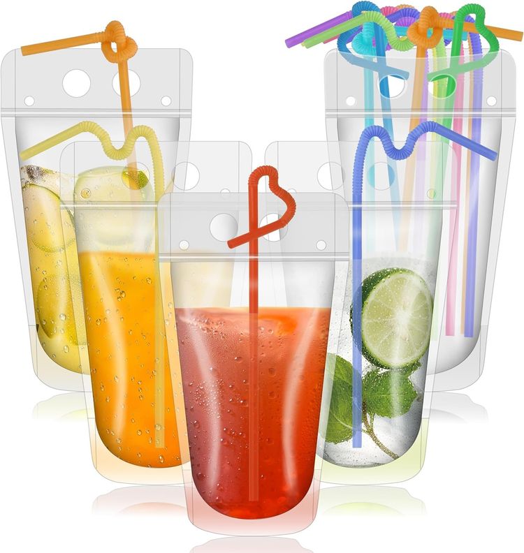 Clear Reusable Drink Pouches With Colorful Straws obraz 1