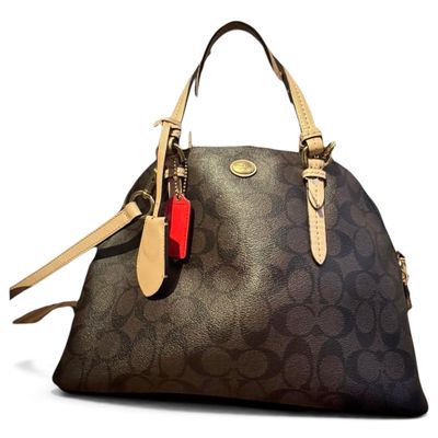 Luxury handbag / shoulder bag Coach monogram brown and light nude leather (Dome Satchel Model)