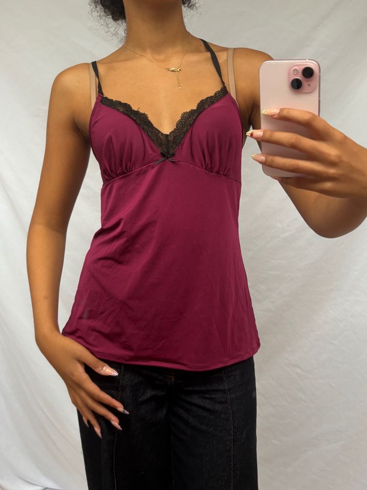 purple camisole top with black lace trim