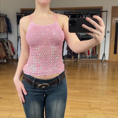Pink Crochet Top With Sequins And Cross Strap Back