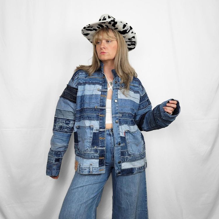 Reworked Patchwork Levi's Denim Jacket XL Vintage Upcycled One of a Kind High Neck Streetwear Y2K Grunge Festival Custom Rework