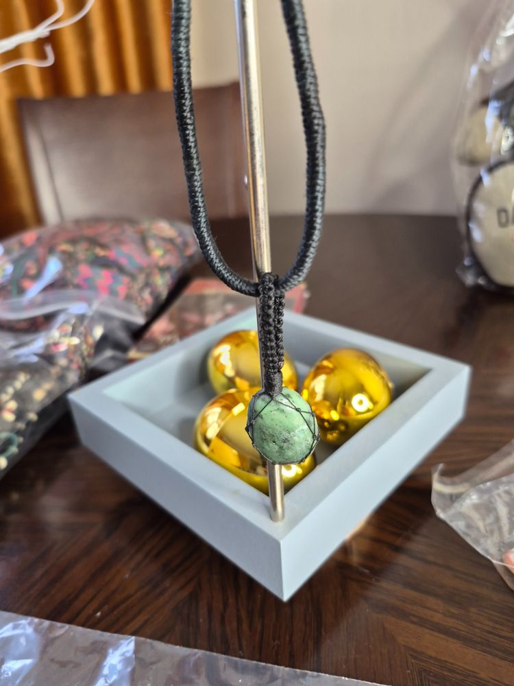 Green Stone Pendant Necklace With Black Cord image 1