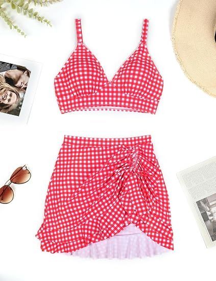 Red Gingham Bikini Set With Ruched Swim Skirt obraz 2