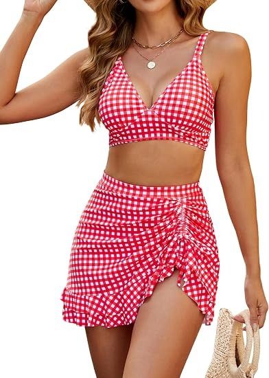 Red Gingham Bikini Set With Ruched Swim Skirt
