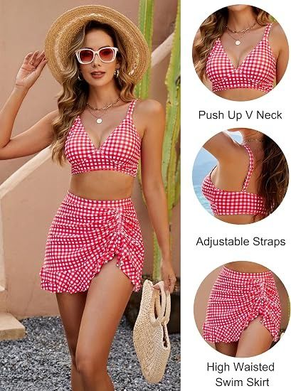 Red Gingham Bikini Set With Ruched Swim Skirt obraz 3