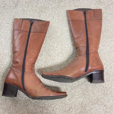 brown leather mid-calf boots