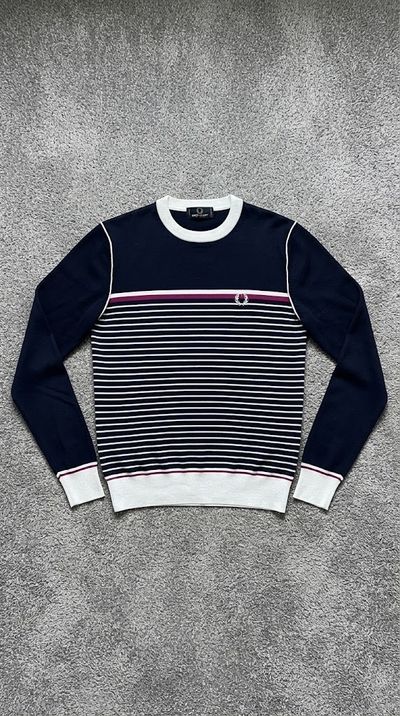 Fred Perry maglione girocollo righe navy bianco bordeaux M