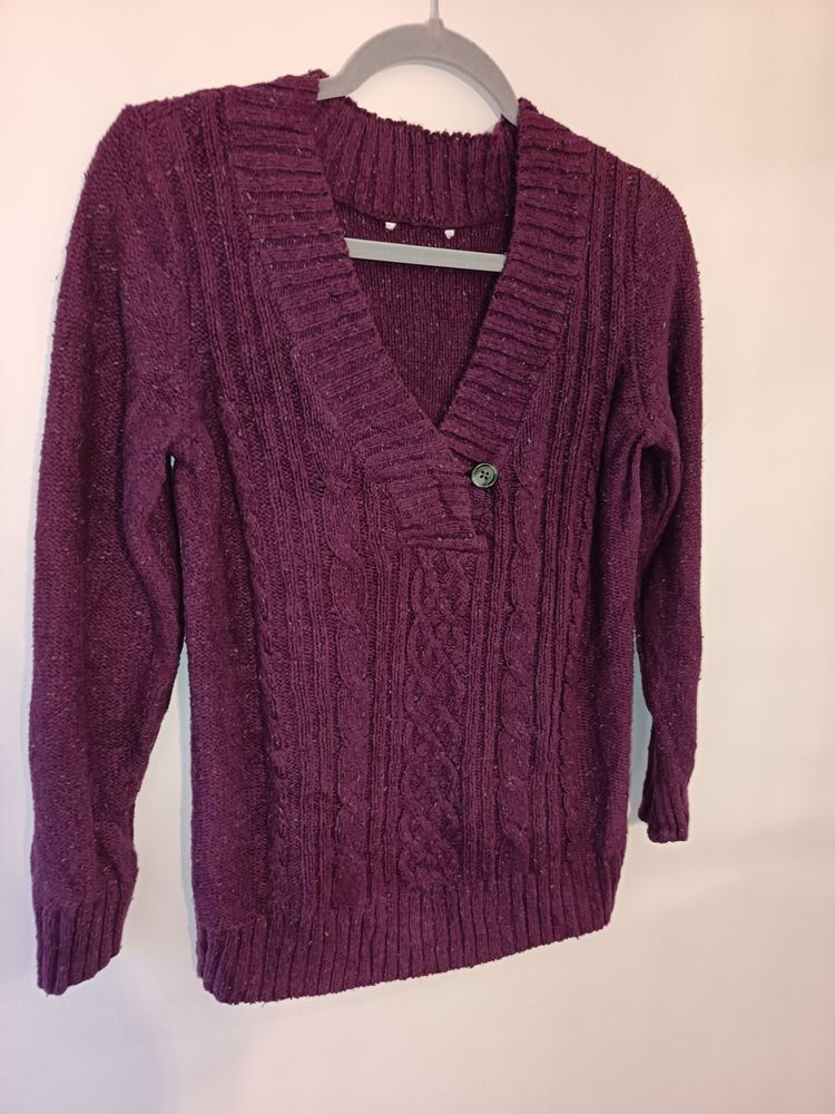 Purple Knit Sweater With Cable Knit Detail And Button