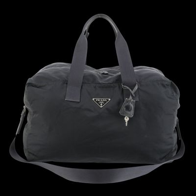 Prada Nylon Black Logo Boston Duffle 2 way Travel Bag