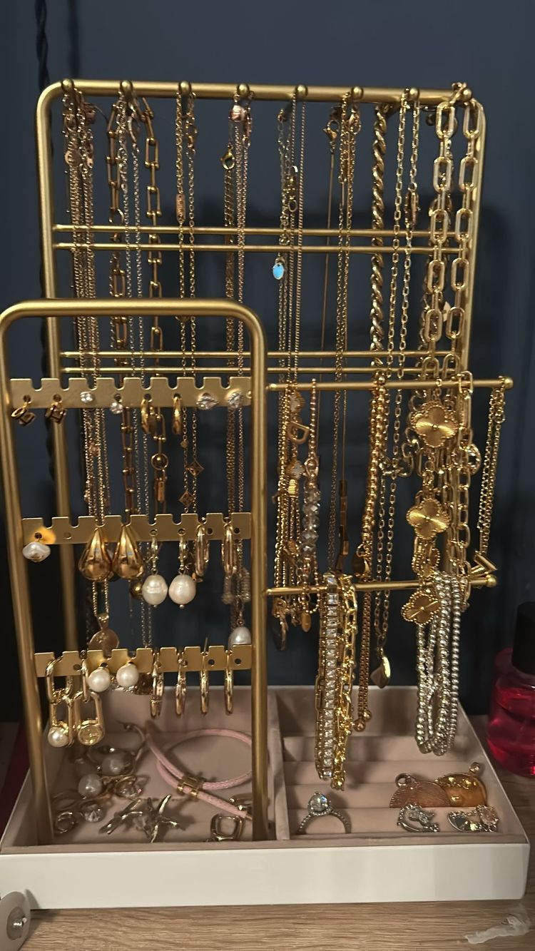 Gold-Tone Jewelry Set Including Necklaces, Earrings, Rings, Bracelets