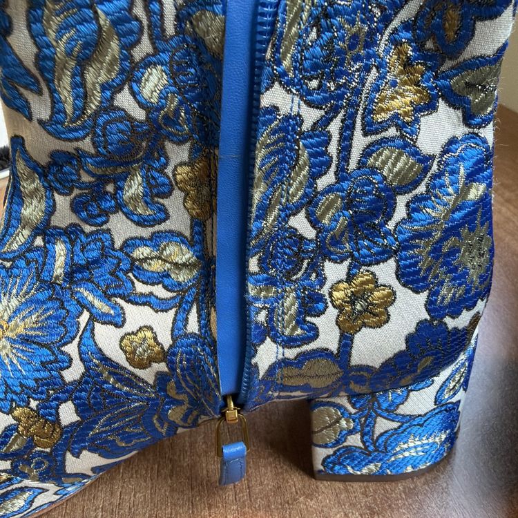 Tory Burch Shelby Brocade Blue Gold Floral Heeled Ankle Boots Uk 6 USA 8.5 New image 3