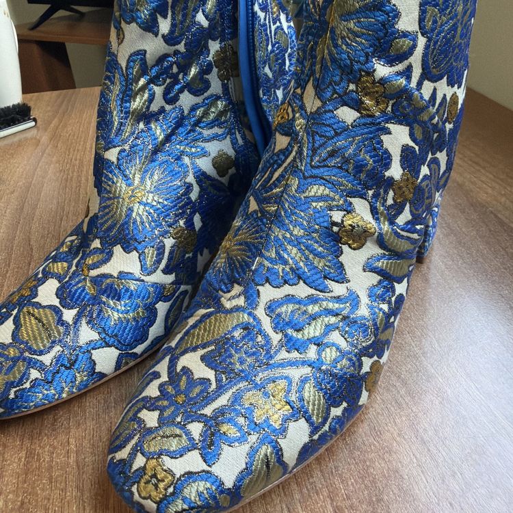 Tory Burch Shelby Brocade Blue Gold Floral Heeled Ankle Boots Uk 6 USA 8.5 New image 2