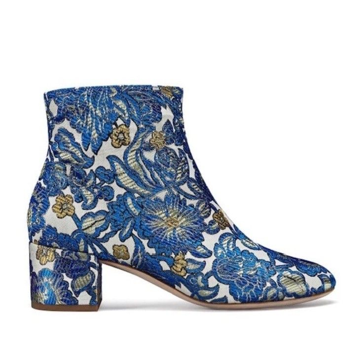 Tory Burch Shelby Brocade Blue Gold Floral Heeled Ankle Boots Uk 6 USA 8.5 New image 1