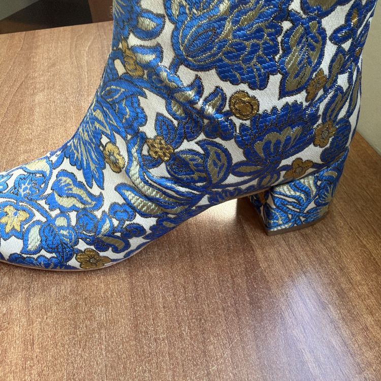 Tory Burch Shelby Brocade Blue Gold Floral Heeled Ankle Boots Uk 6 USA 8.5 New image 7