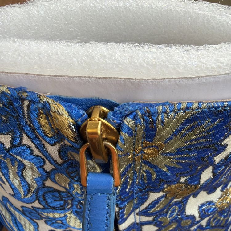 Tory Burch Shelby Brocade Blue Gold Floral Heeled Ankle Boots Uk 6 USA 8.5 New image 6
