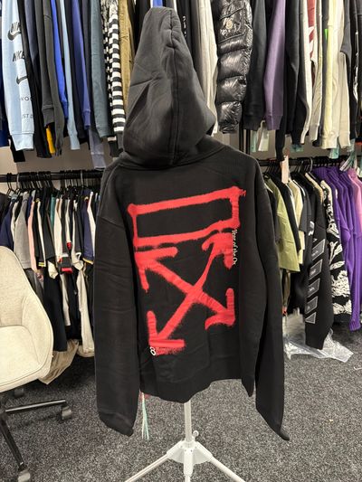 Off white Black Hoodie With Red Graphic Print