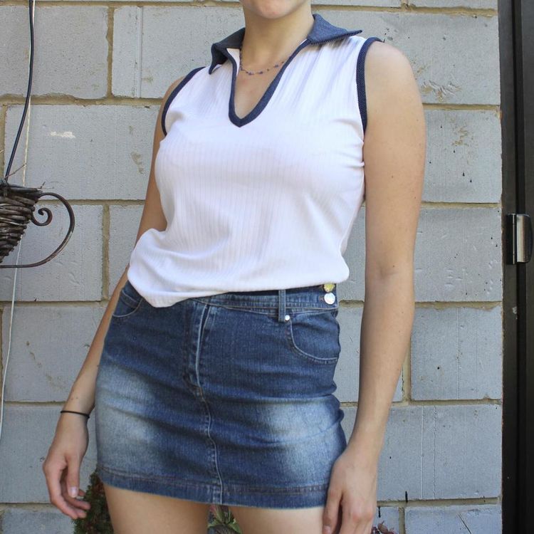 New Look Vintage label white ribbed sleeveless top with a blue polka dot denim collar and trim product image