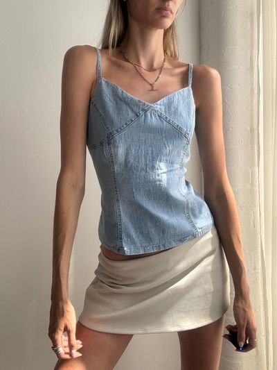 Denim Camisole Top And Beige Mini Skirt