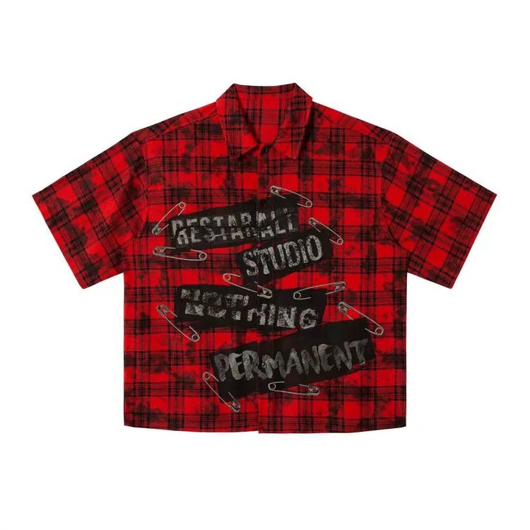 Red Plaid Short Sleeve Shirt With Safety Pin Graphic