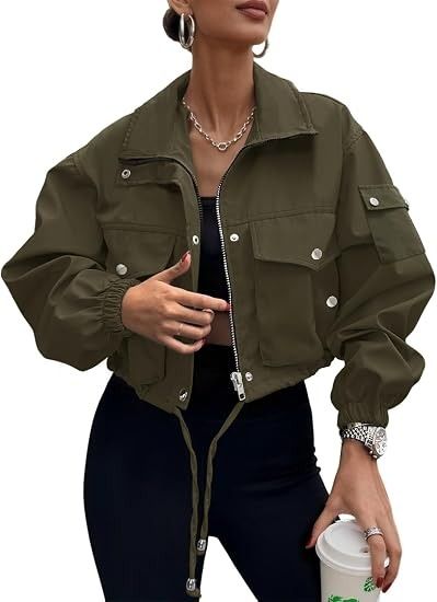 Olive Green Cropped Jacket imagen 3
