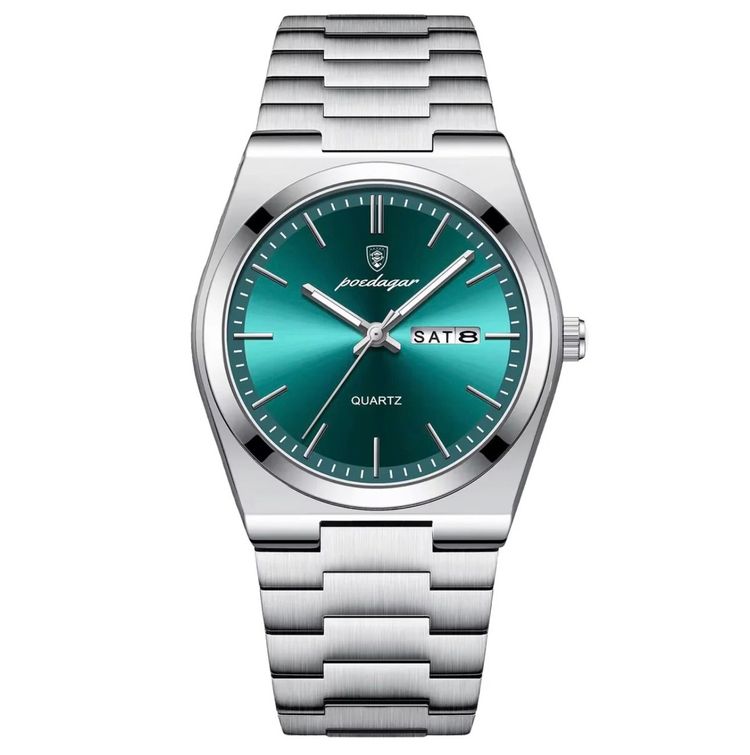 Silver Metal Wristwatch With Green Dial image 1