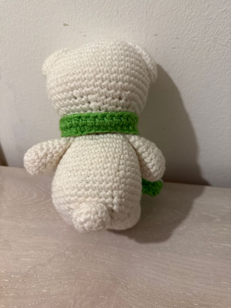 Crocheted White Teddy Bear With Green Scarf 3