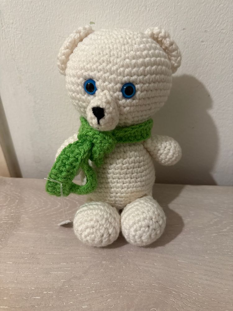 Crocheted White Teddy Bear With Green Scarf