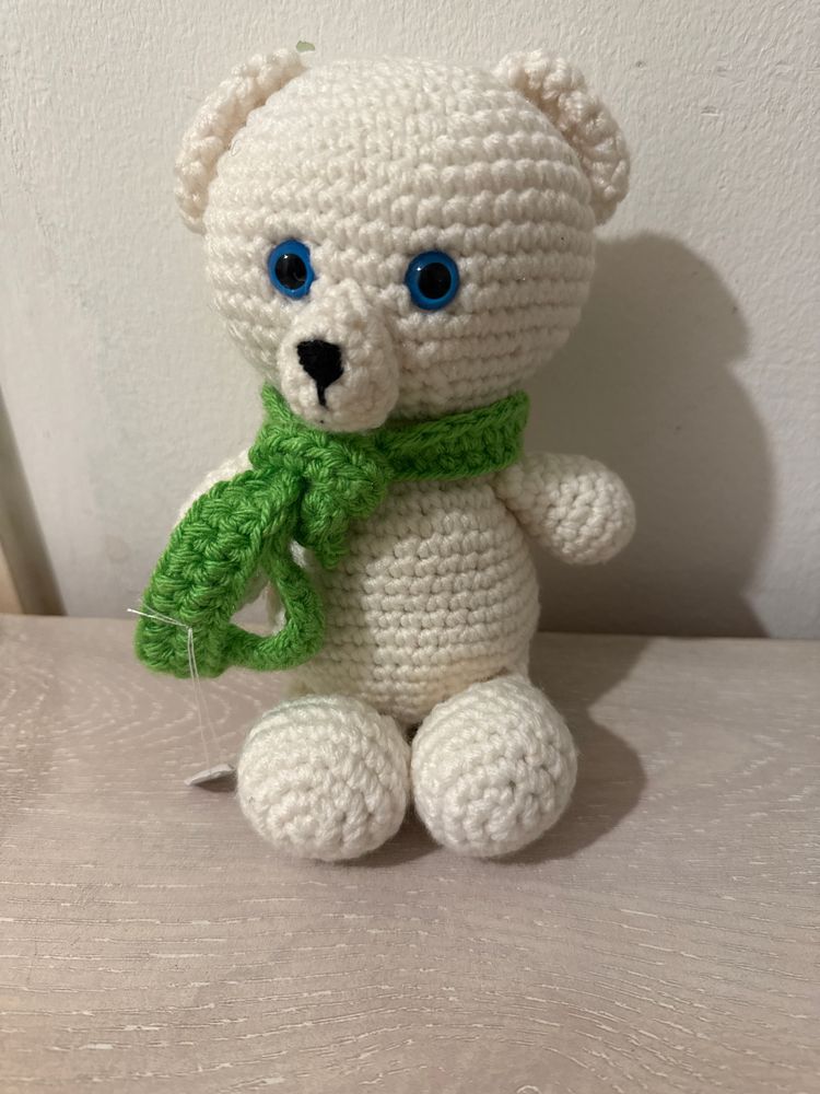Crocheted White Teddy Bear With Green Scarf 2