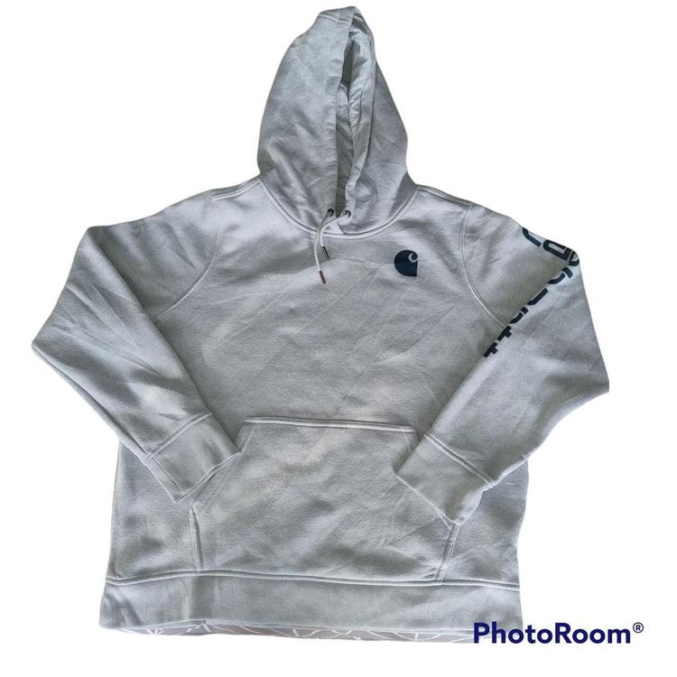 Carhartt Men's light blue Carhartt hoodie in good condition. Classic Carhartt graphic logo on front  and larg product image