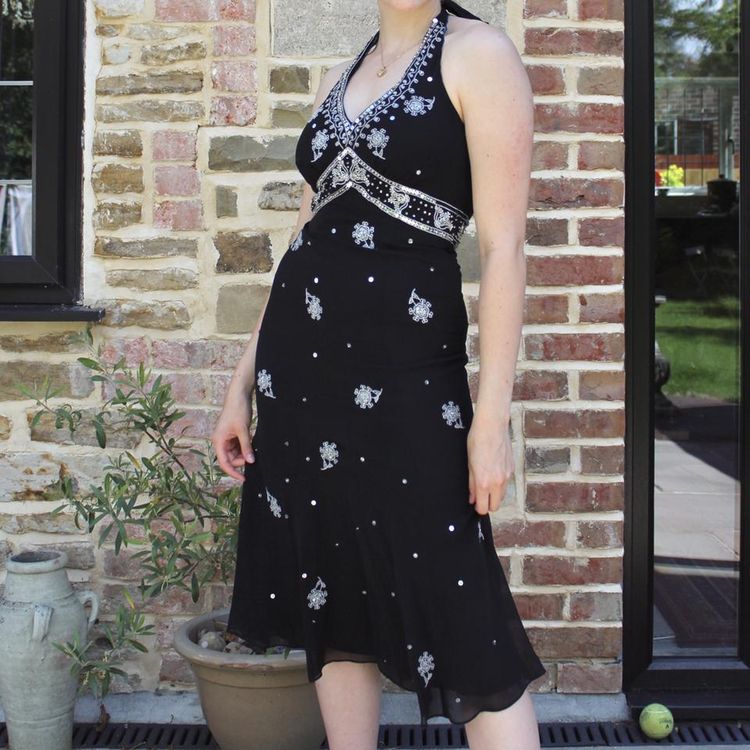 Other Simply stunning black organza overlay halter neck midi dress with silver sequins and embroidery all  product image