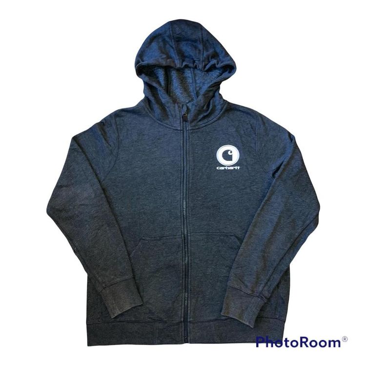 Carhartt dark grey and white full zip workwear hoodie with large white graphic carhartt logo carhart 1