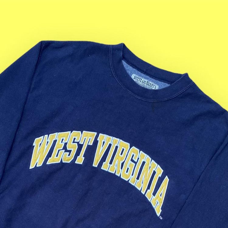 Steve & Barry's Vintage 1990's Steve and Barrys West Virginia Embroidered Spell Out Sweatshirt in Navy/Yellow product image