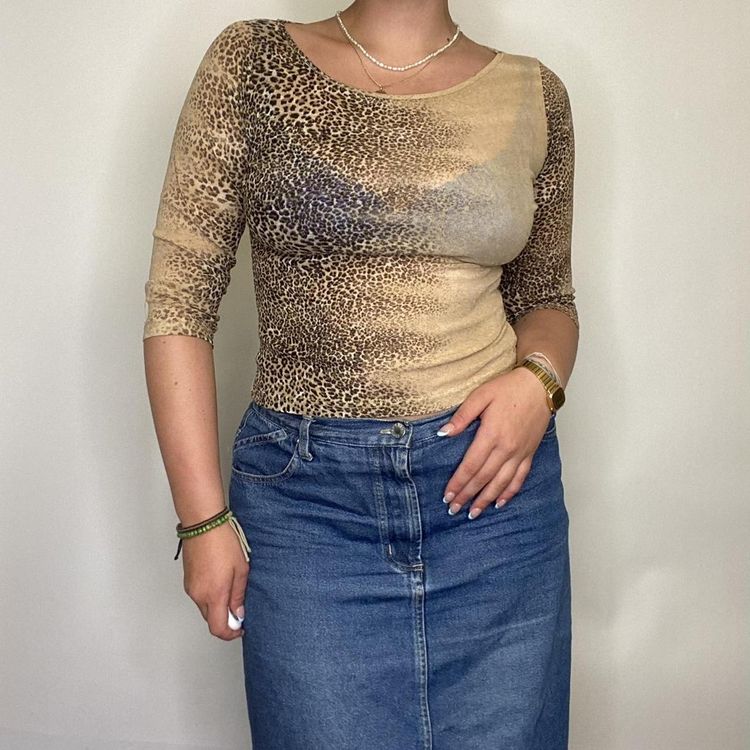 90s 00s 3/4 sleeve animal print mesh top.  image 2