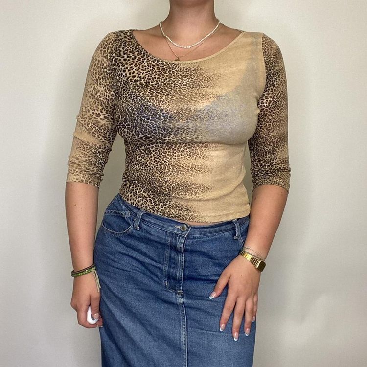 90s 00s 3/4 sleeve animal print mesh top.  image 4