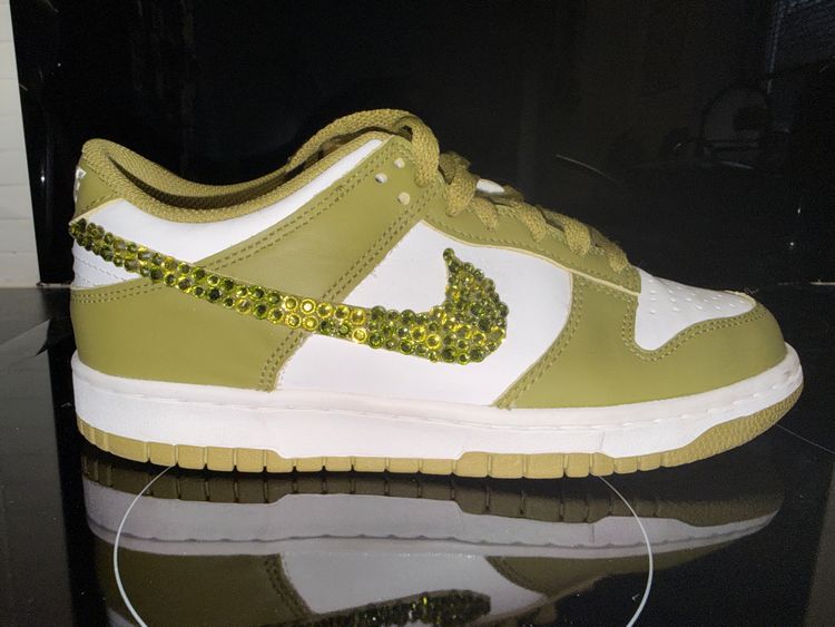 Nike UK5.5 Crystallised Nike Dunk Low Olive Green White Rhinestone Swoosh Youth Size 6Y product image