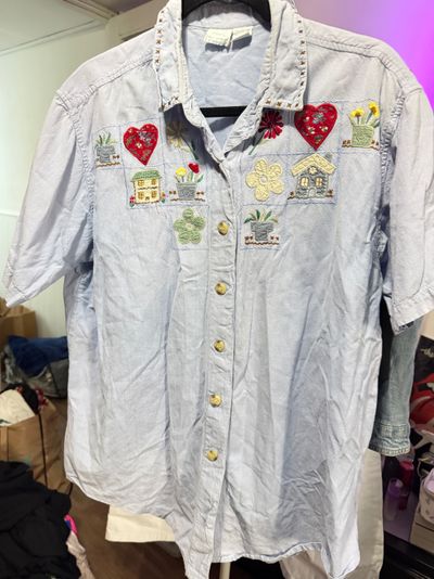 Light Blue Denim Shirt With Embroidered Patches