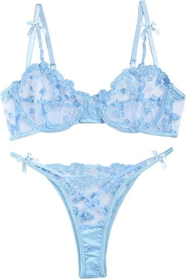 Blue Lace Lingerie Set Bra And Thong obraz 4