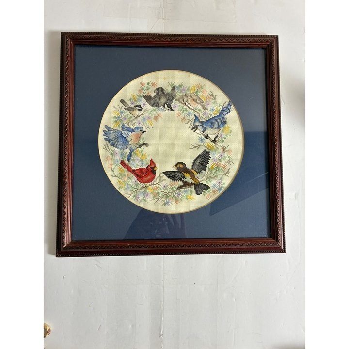 Framed Bird Cross-Stitch Embroidery Art image 1